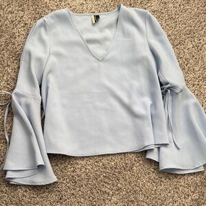Topshop Light Blue V-Neck Bell Sleeve Blouse with Slit Sleeves, Tie Sleeves